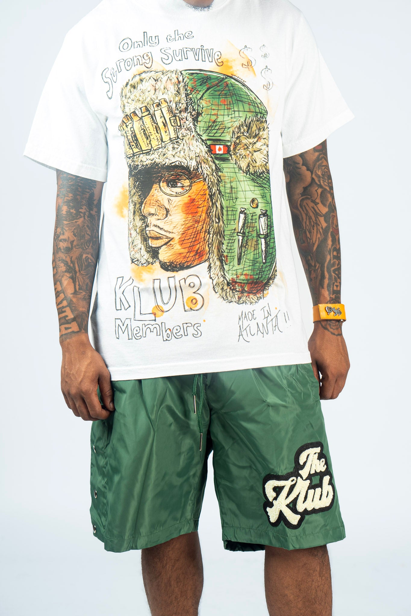 “The Strong Survive” Olive Nylon Short Sets
